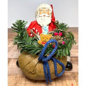 Vintage Fabric Mache Classic Santa Claus Sitting Toy Bag St Nick Detailed Art
